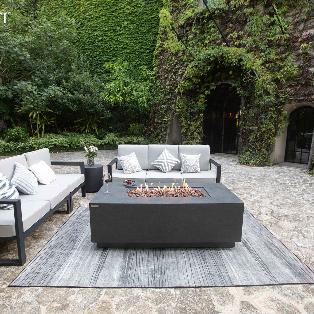 Elementi Andes Fire Table Dark Gray - Stone Courtyard Patio Setting with Modern Outdoor Sofa Set