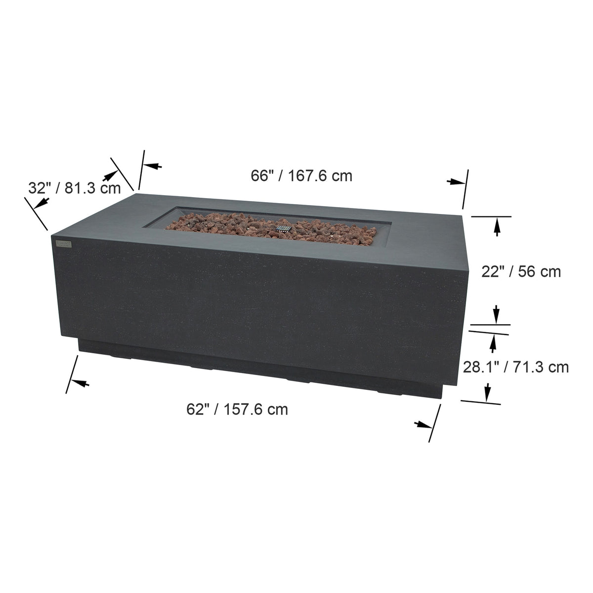 Elementi Andes Fire Table Dark Gray - Official Dimensions Diagram 66 inch Length x 32 inch Width x 22 inch Height