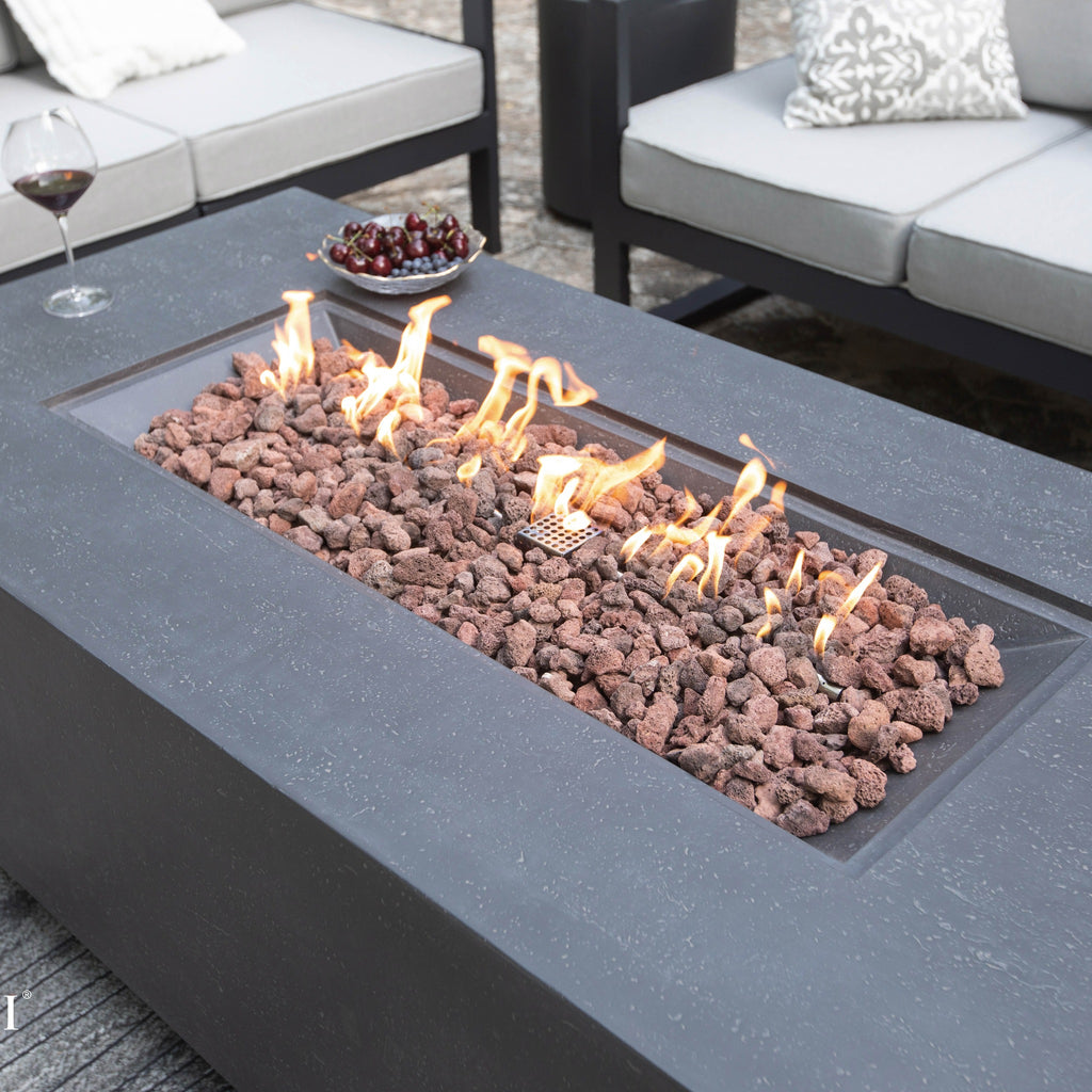 Elementi Andes Fire Table Dark Gray - Patio Lounge Scene with Active Flame, Wine Glass and Cherries
