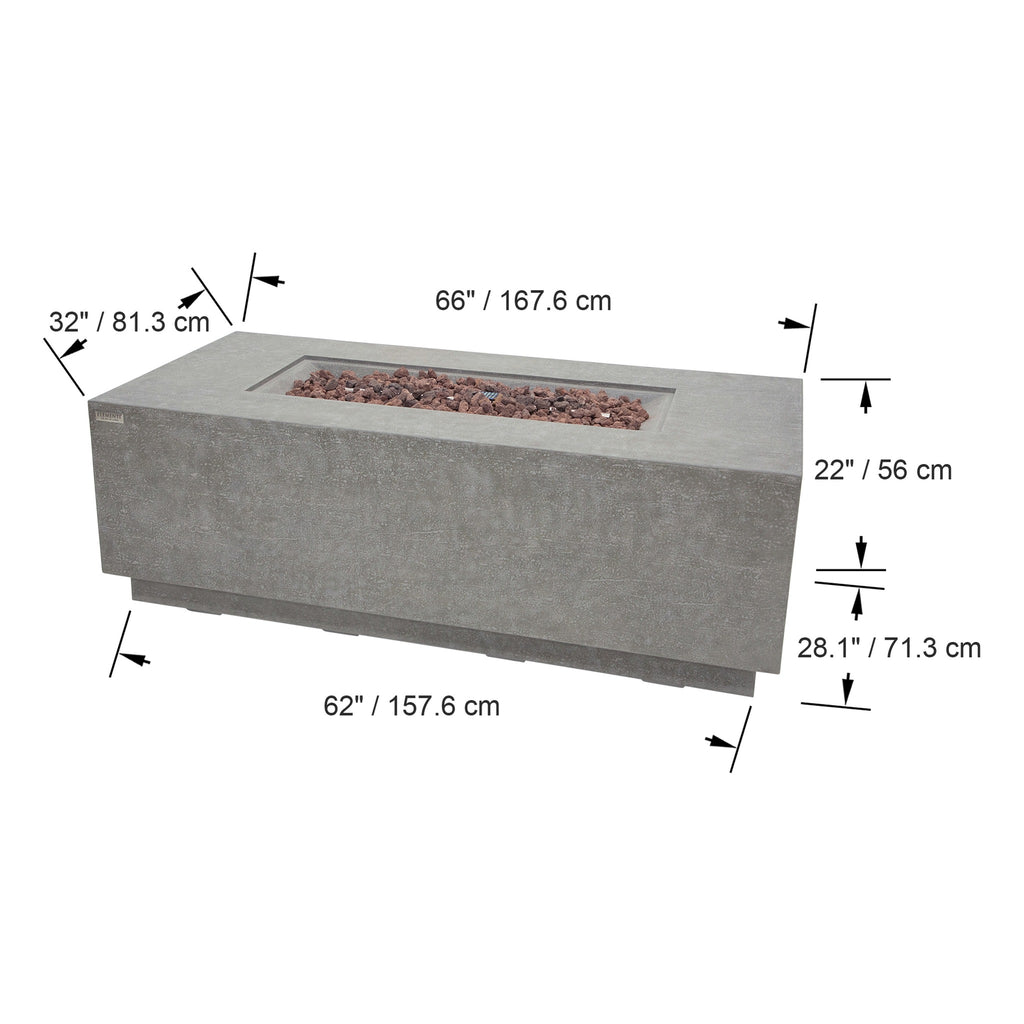 Elementi Andes Fire Table Light Gray - Official Dimensions Diagram 66 inch Length x 32 inch Width x 22 inch Height