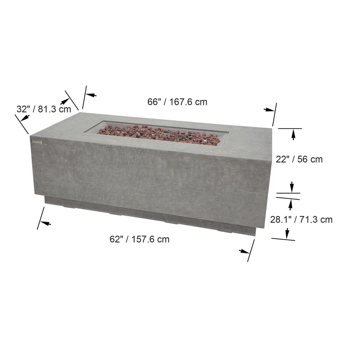Elementi Andes Fire Table Light Gray - Official Dimensions Diagram 66 inch Length x 32 inch Width x 22 inch Height