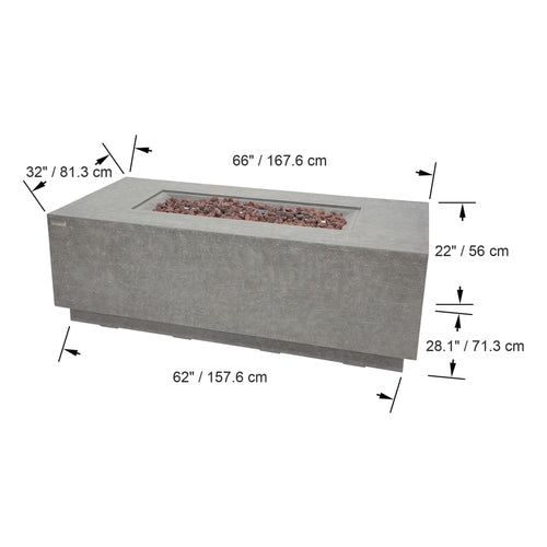 Elementi Andes Fire Table Light Gray - Official Dimensions Diagram 66 inch Length x 32 inch Width x 22 inch Height