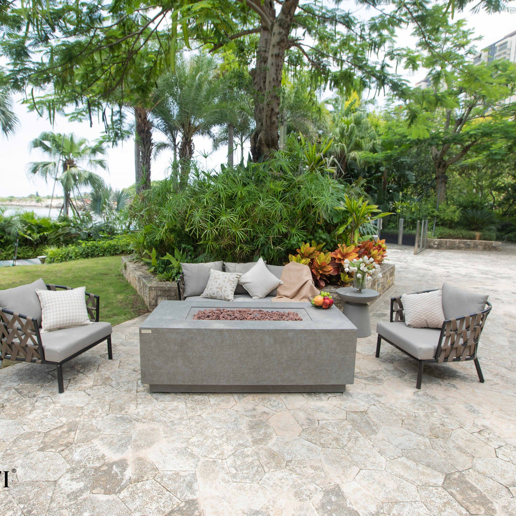 Elementi Andes Fire Table Light Gray - Stone Terrace Patio Scene with Sofa and Club Armchairs