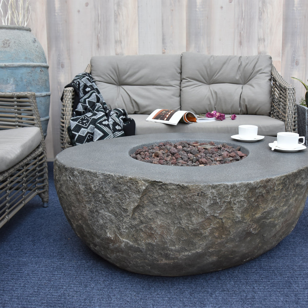 Elementi Boulder Fire Pit - Garden Patio Lounge with Matching Natural Stone Cast Concrete Stool