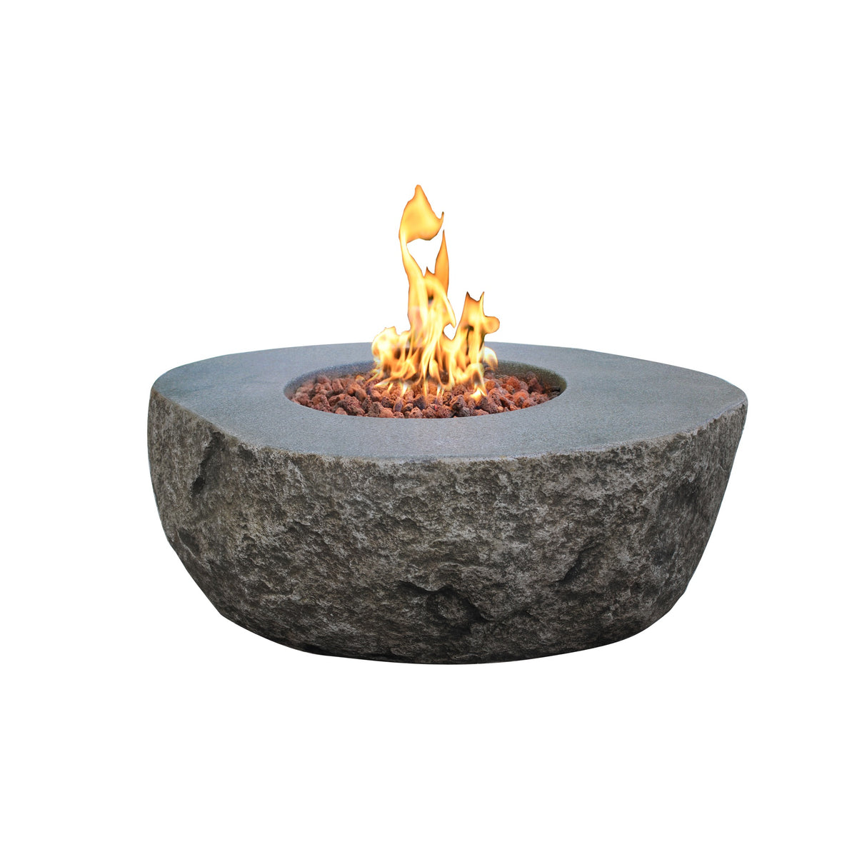 Elementi Boulder Round Natural Stone Look Cast Concrete Fire Pit - Studio Hero View with Active Flame