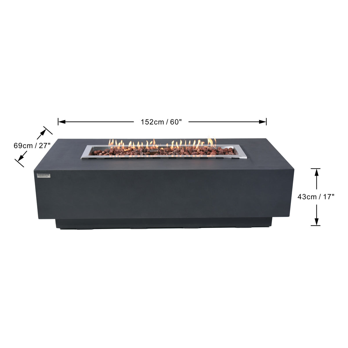 Elementi Granville Fire Table Dark Gray - Official Dimensions Diagram 60 inch Length x 27 inch Width x 17 inch Height