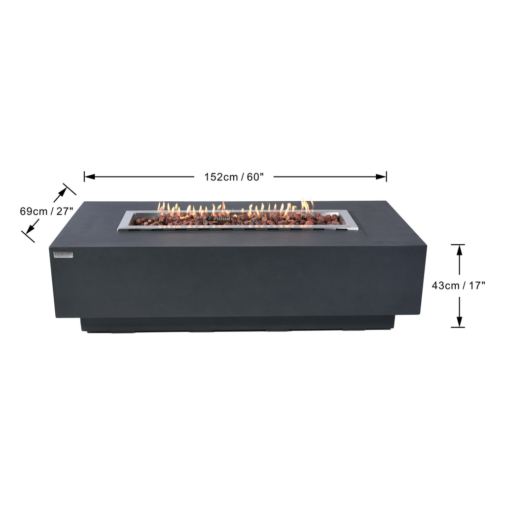 Elementi Granville Fire Table Dark Gray - Official Dimensions Diagram 60 inch Length x 27 inch Width x 17 inch Height