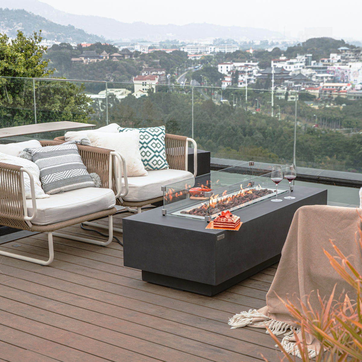 Elementi Granville Fire Table Dark Gray - Luxury Oceanfront Rooftop Terrace Evening Scene