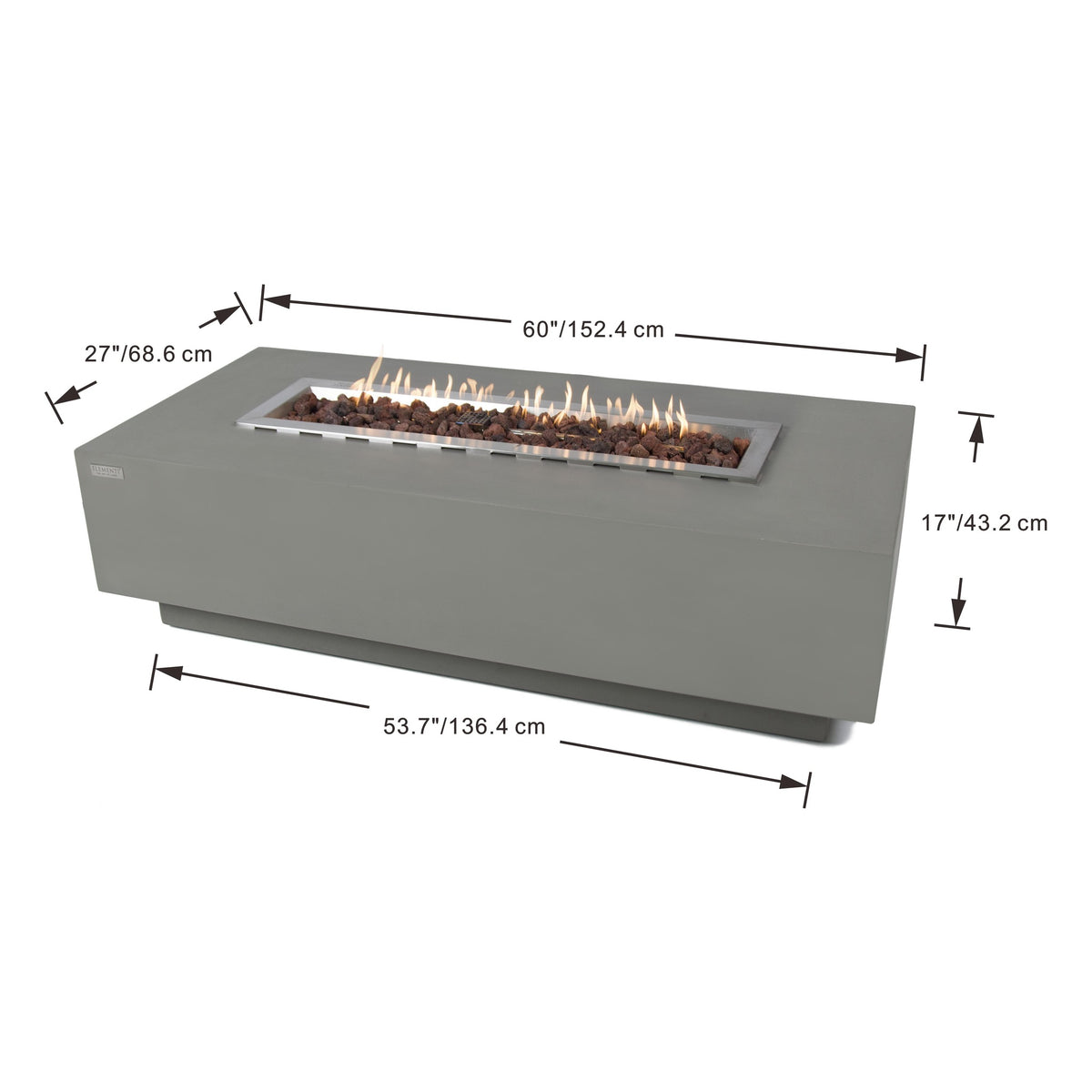 Elementi Granville Fire Table Light Gray - Official Dimensions Diagram 60 inch Length x 27 inch Width x 17 inch Height