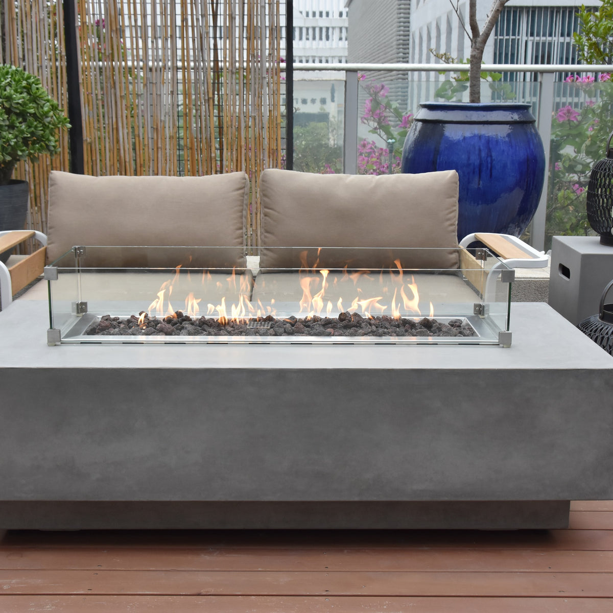 Elementi Granville Fire Table Light Gray - Luxury Terrace Patio with Tempered Glass Windscreen
