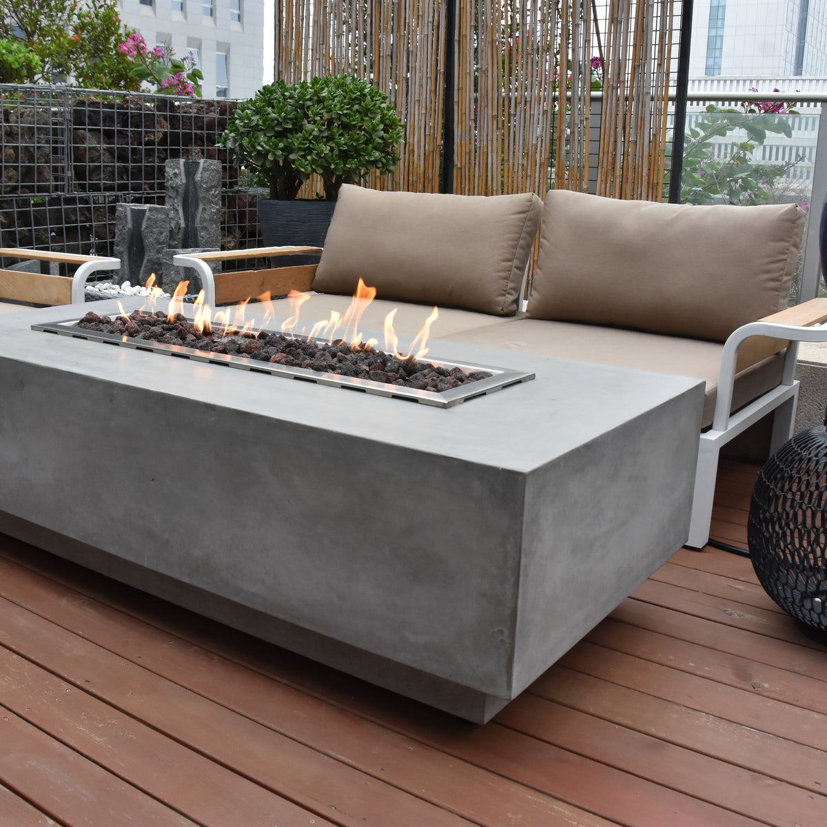 Elementi Granville Fire Table Light Gray - Outdoor Wood Deck Lounge Setting with Matching Tank Cover