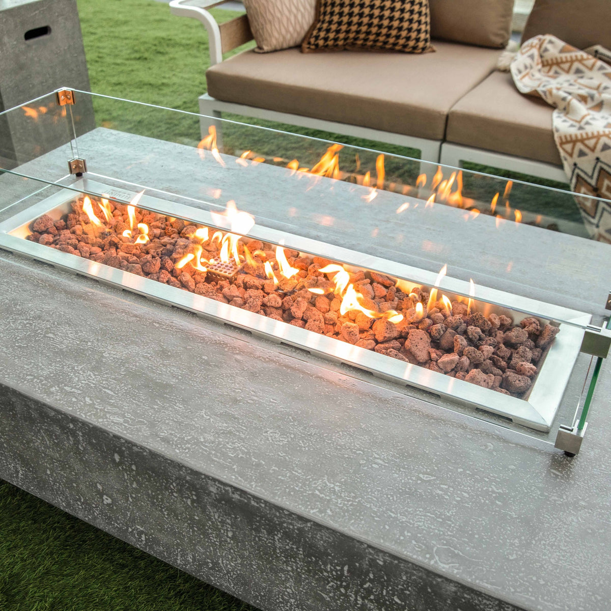 Elementi Hampton Fire Table - Tempered Glass Windscreen and Linear Flame on Patio Lounge