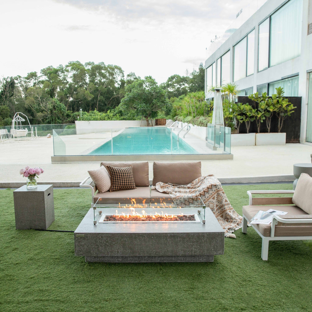Elementi Hampton Fire Table - Modern Poolside Patio Setting with Matching Concrete Tank Cover