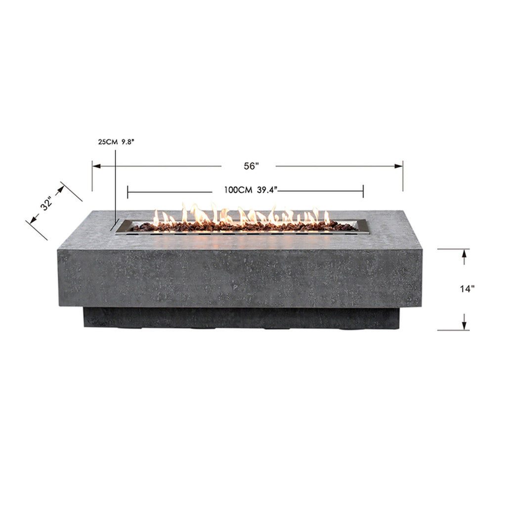 Elementi Hampton Fire Table - Official Dimensions Diagram 56 inch Length x 32 inch Width x 14 inch Height