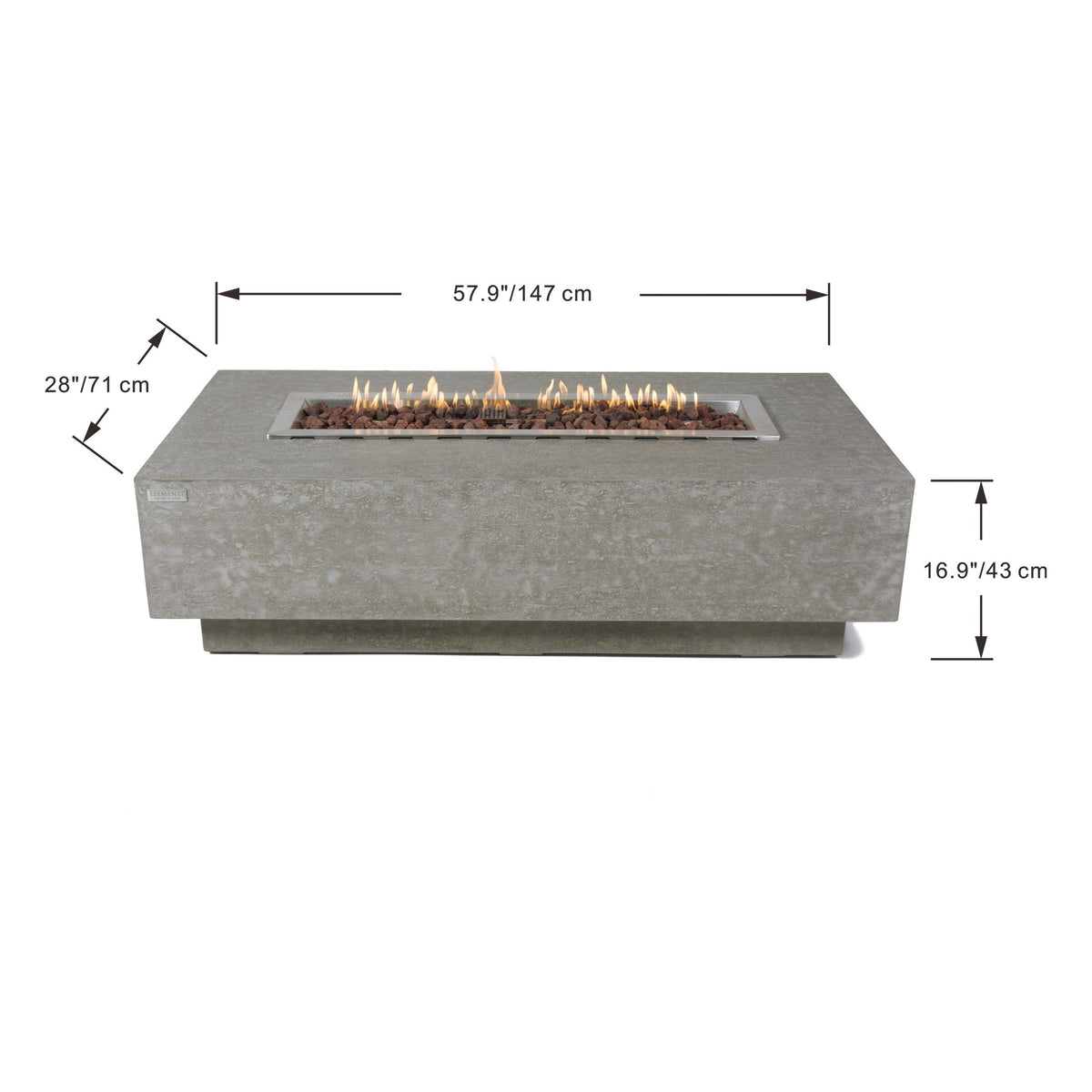 Elementi Kingsale Fire Table - Official Dimensions Diagram 57.9 inch Burner Length