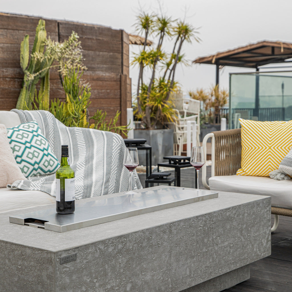 Elementi Kingsale Fire Table - Stainless Steel Lid Installed Functioning as Exterior Coffee Table
