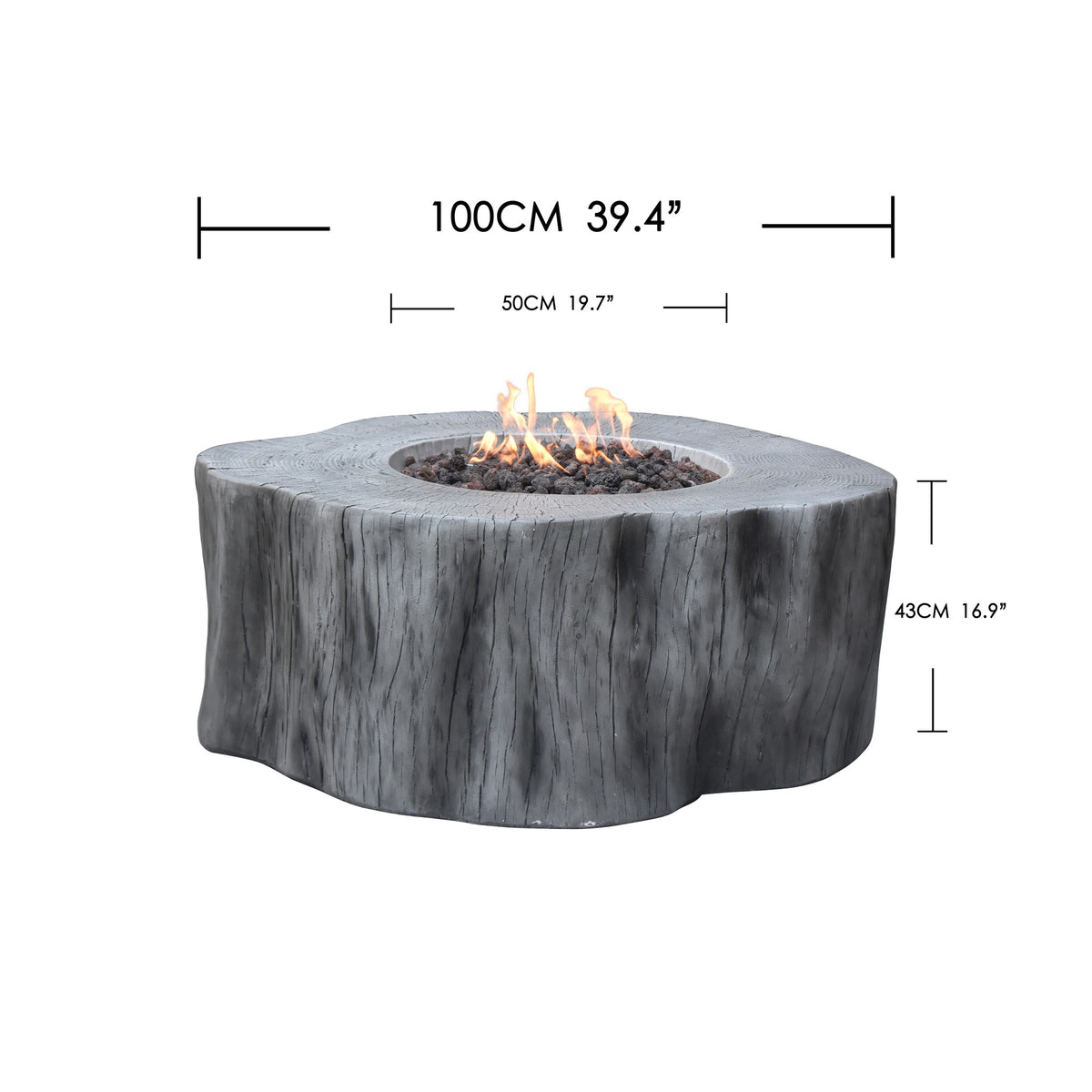 Elementi Manchester Fire Table - Classic Gray - Official Technical Dimensions Diagram 39.4 inch Diameter