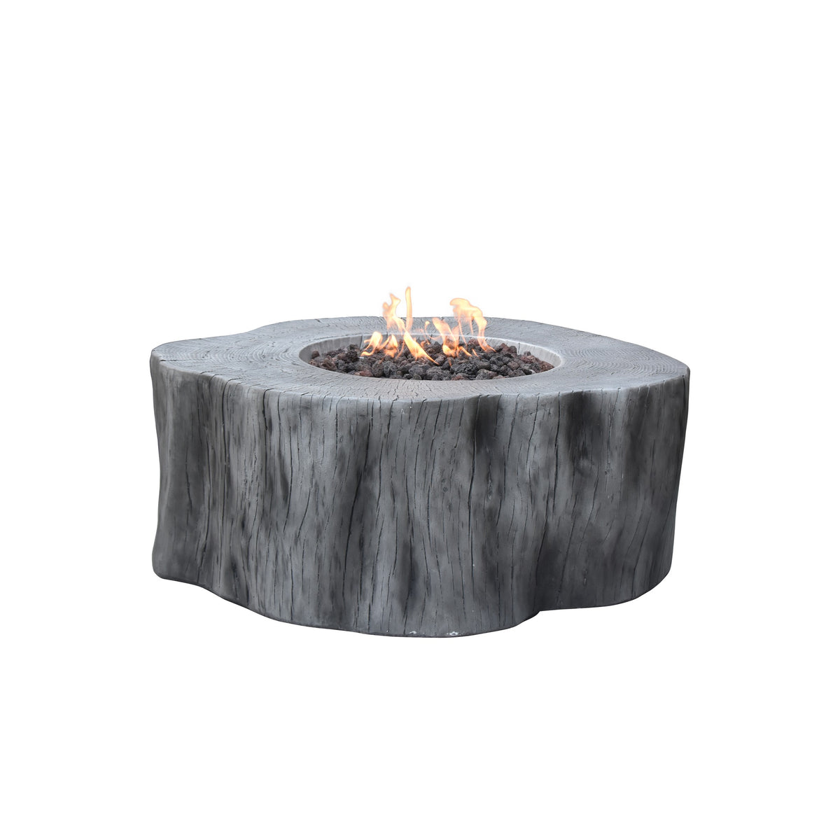 Elementi Manchester Round Faux Wood Tree Trunk Fire Table - Classic Gray - Active Flame Studio Hero View