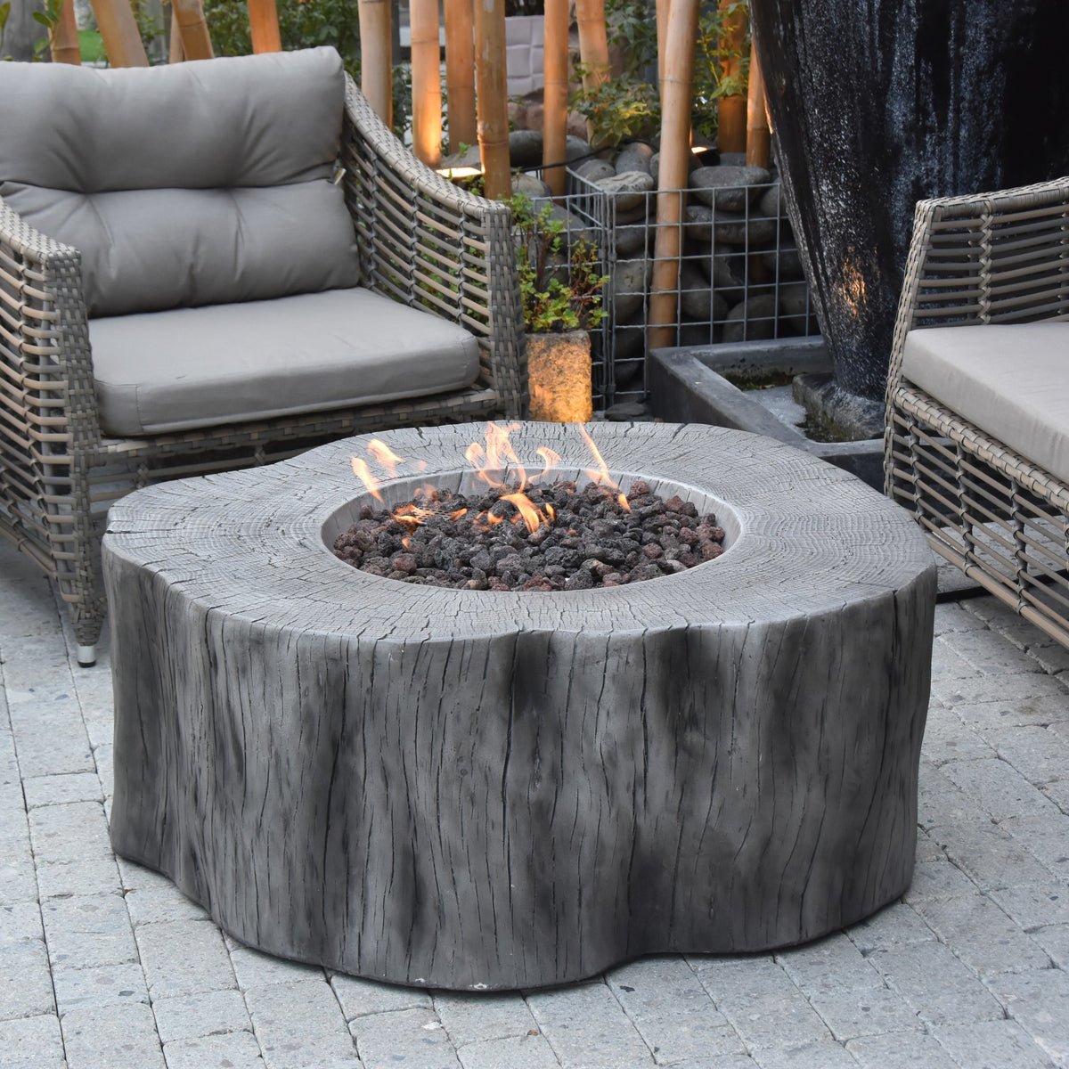 Elementi Manchester Fire Table - Classic Gray - Outdoor Patio Lounge Setup with Armchairs and Fire