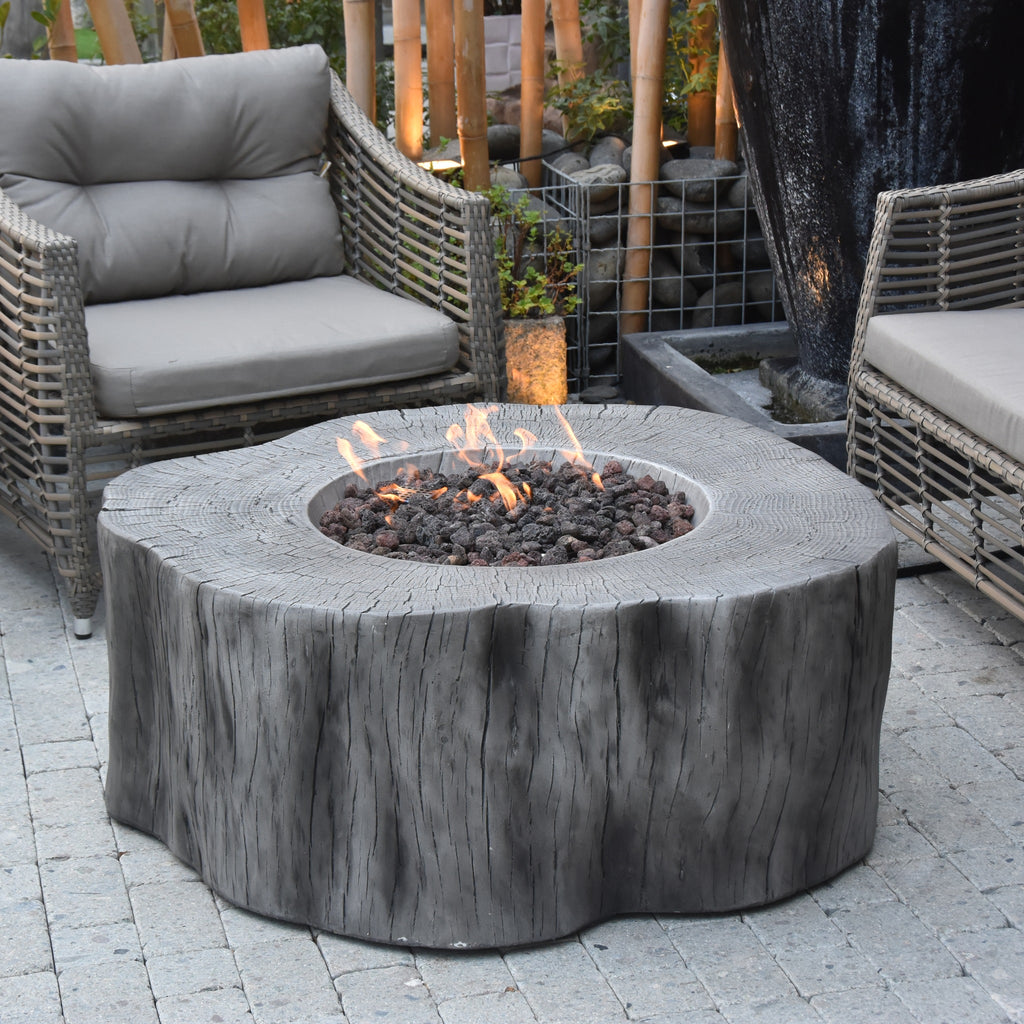 Elementi Manchester Fire Table - Classic Gray - Outdoor Patio Lounge Setup with Armchairs and Fire
