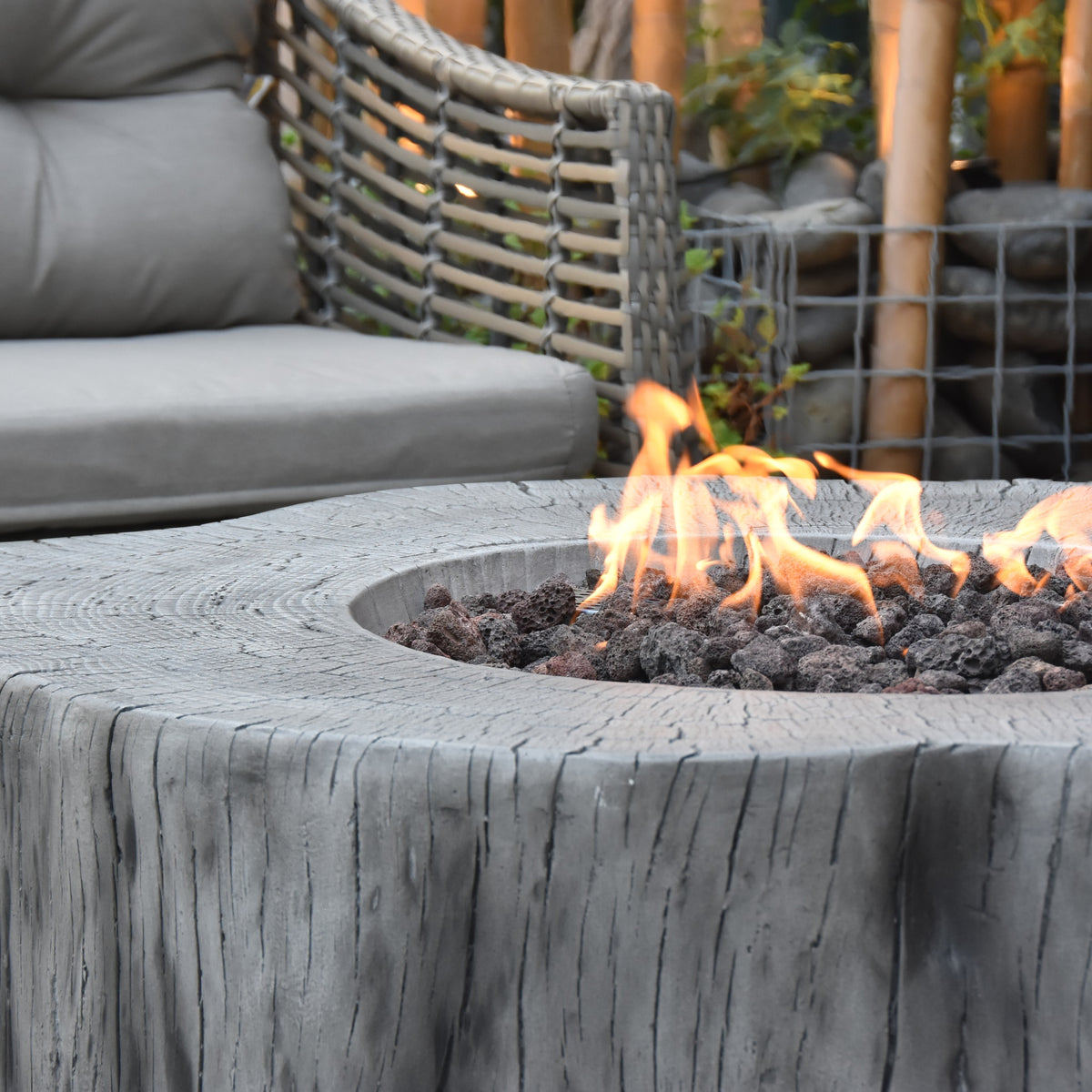 Elementi Manchester Fire Table - Classic Gray - Handcrafted Cast Concrete Tree Bark Grain Texture Detail