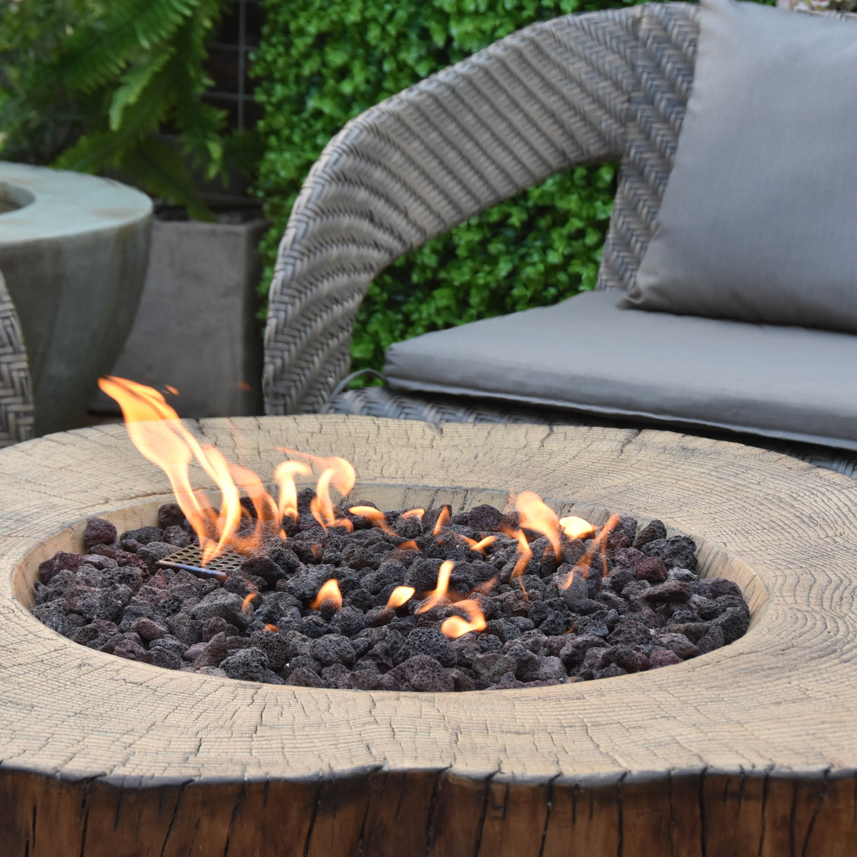 Elementi Manchester Fire Table - Redwood - Close-Up of Wood Ring Table Top, Authentic Texture and Flame