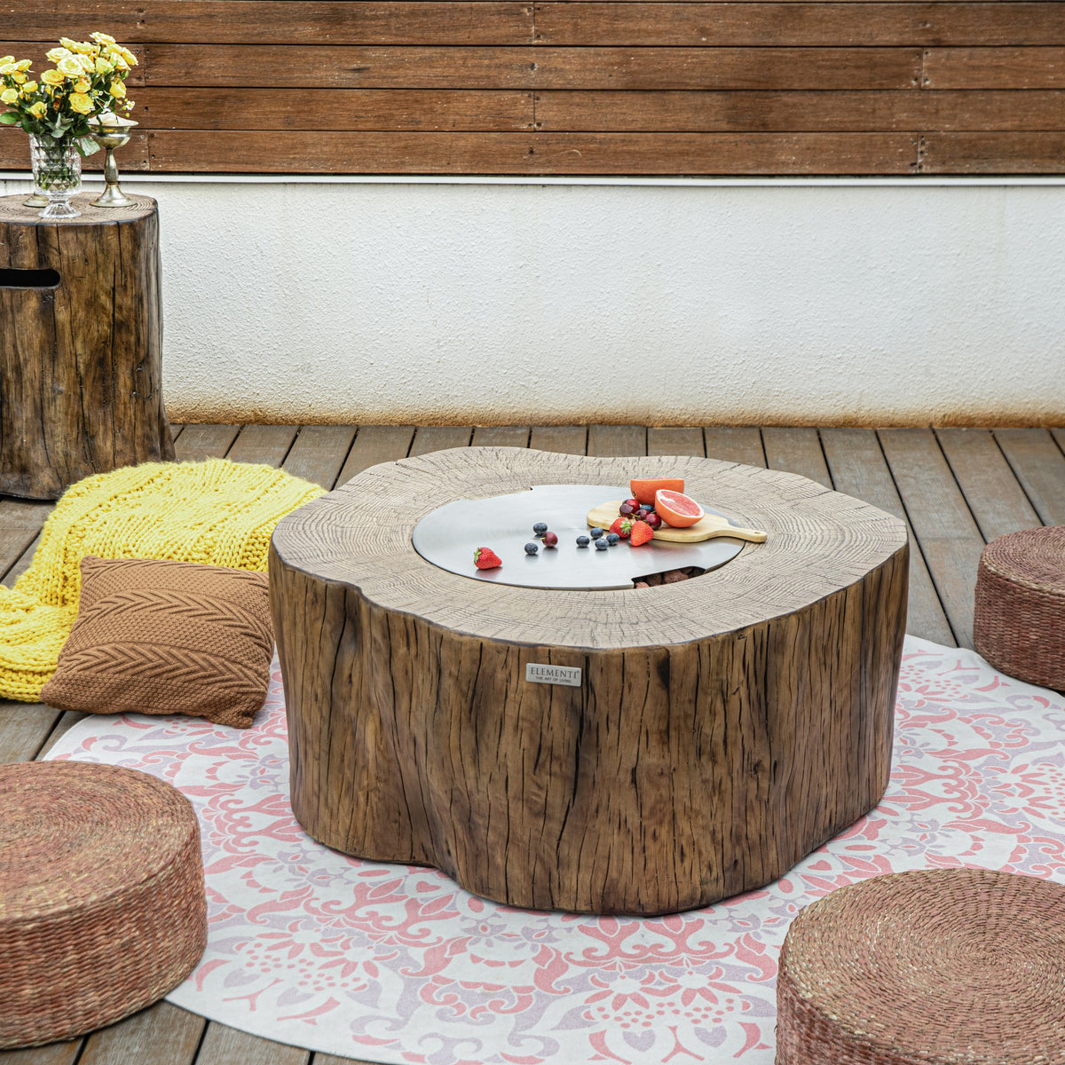 Elementi Manchester Fire Table - Redwood - Stainless Steel Cover Lid Installed as Patio Coffee Table