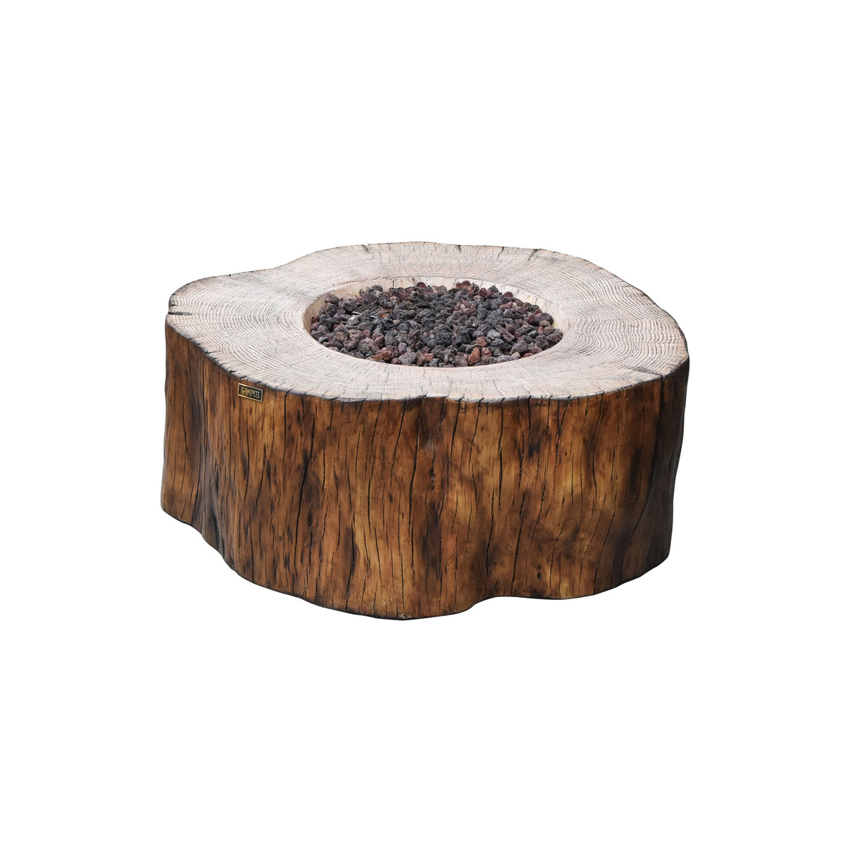 Elementi Manchester Fire Table - Redwood Finish - Studio Profile Angle with Natural Lava Rock