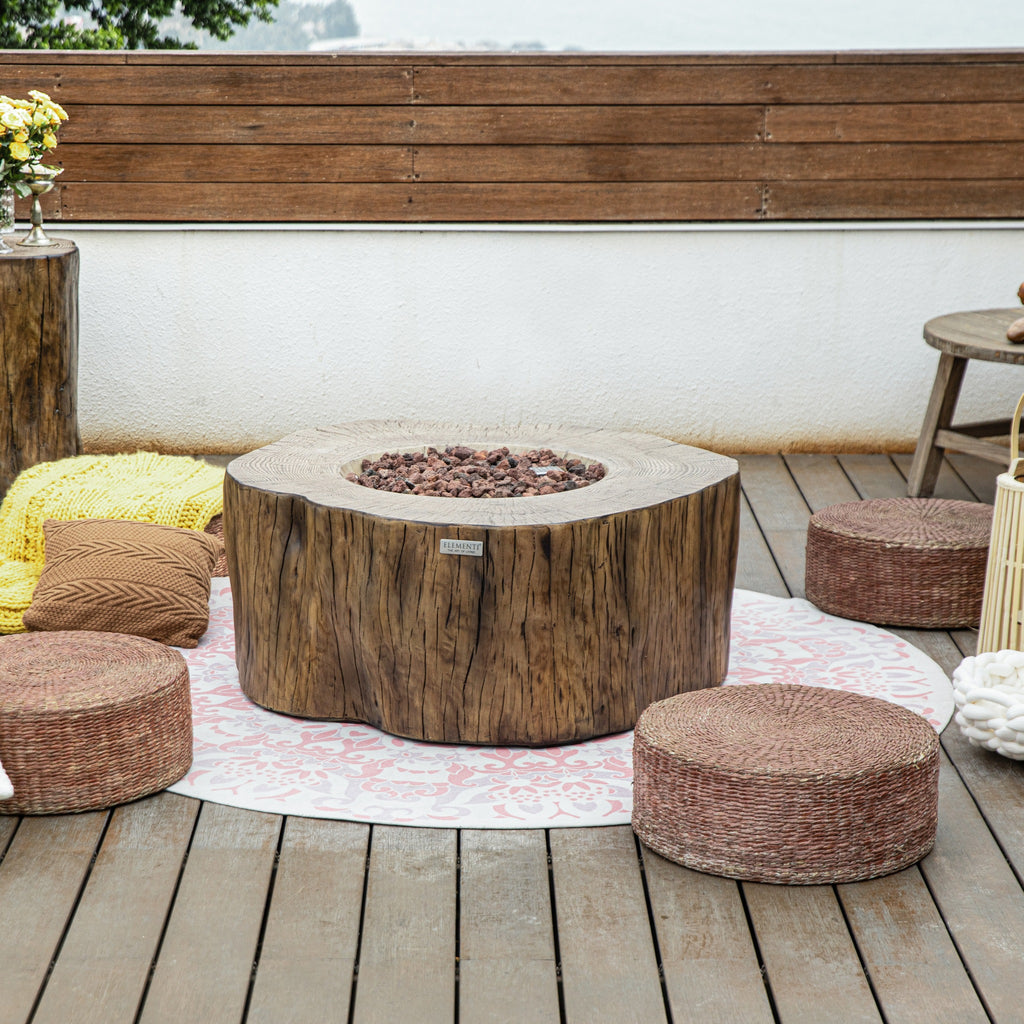 Elementi Manchester Fire Table - Redwood - Outdoor Timber Deck with Woven Poufs and Trunk Tank Cover