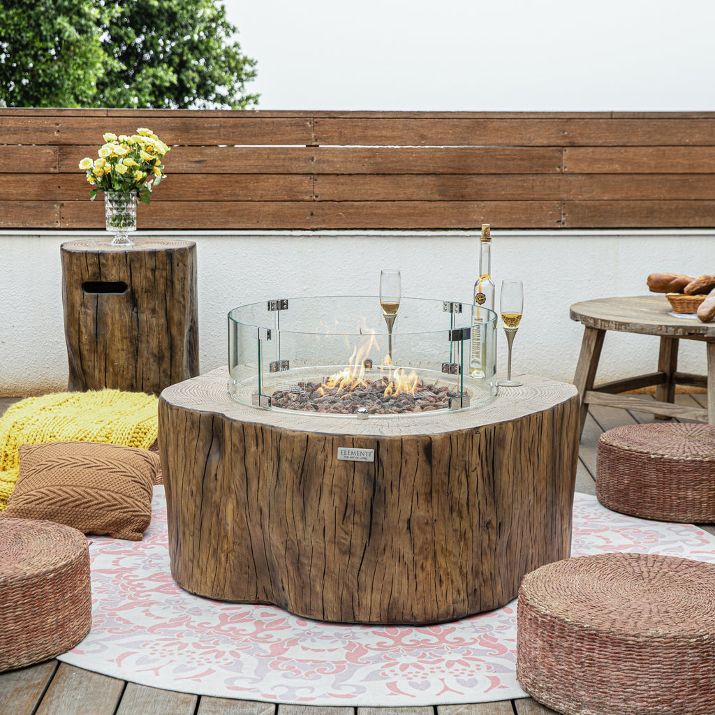 Elementi Manchester Fire Table - Redwood - Curved Glass Windscreen and Matching Tree Trunk Tank Cover