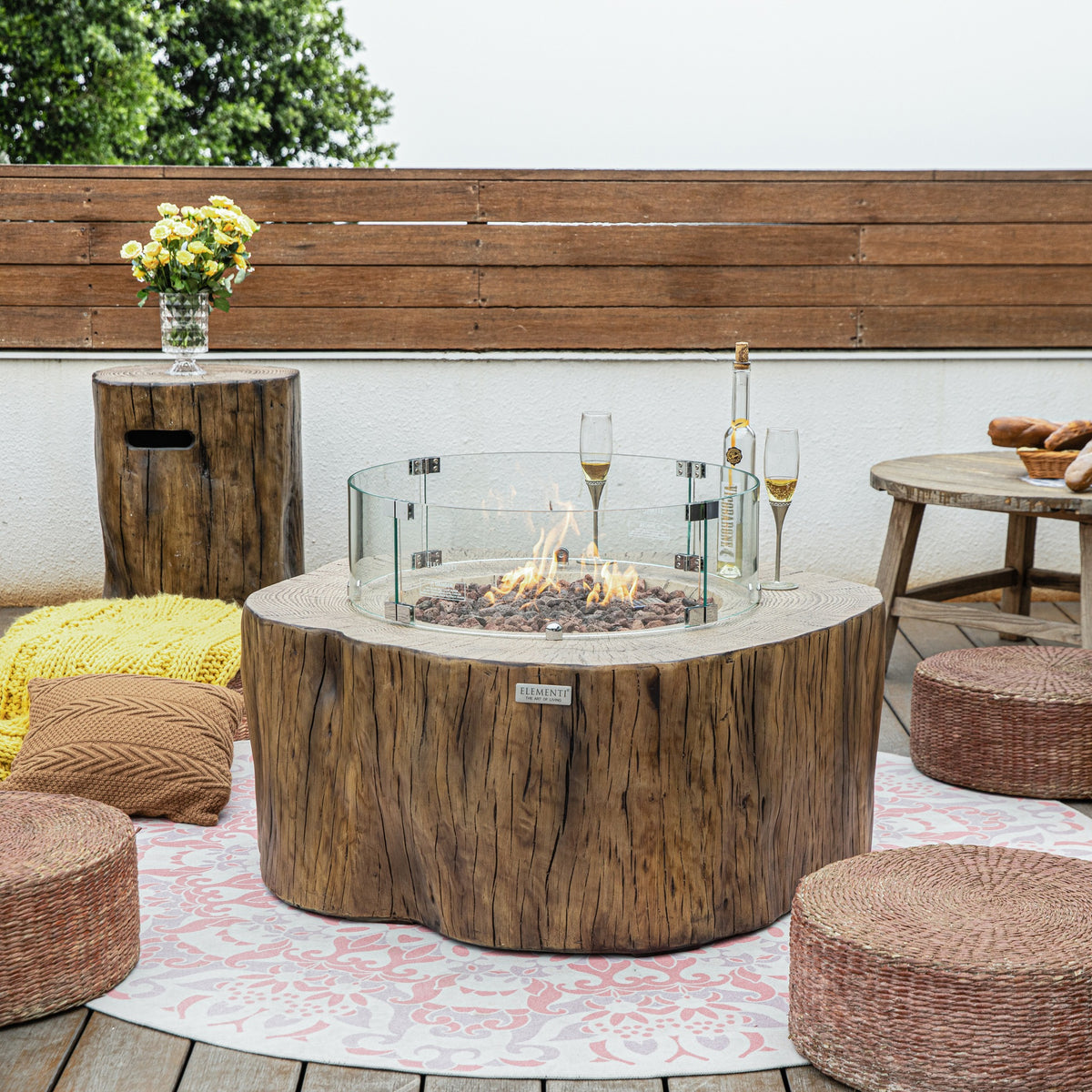 Elementi Manchester Fire Table - Redwood - Curved Glass Windscreen and Matching Tree Trunk Tank Cover