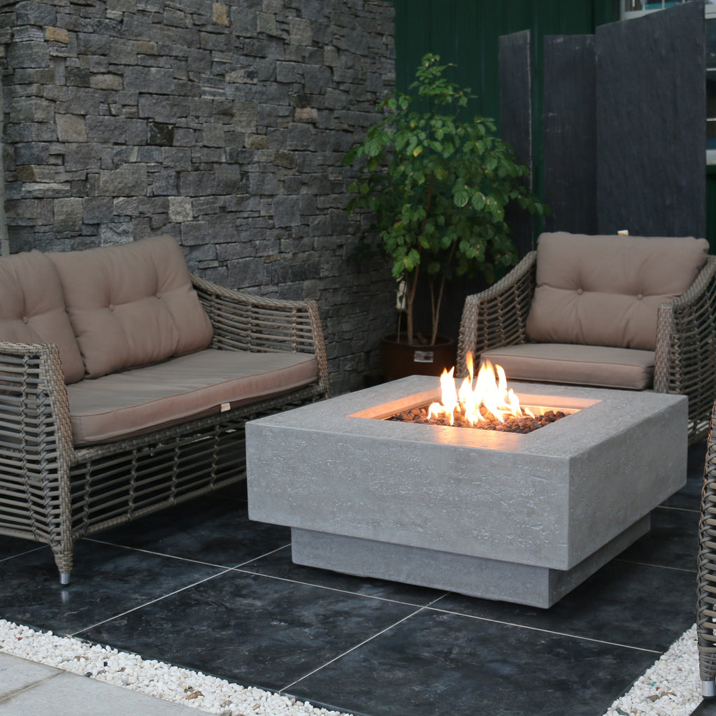 Elementi Manhattan Fire Table - Light Gray - Evening Courtyard Patio with Flame Ambience