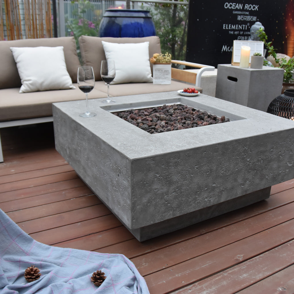 Elementi Manhattan Fire Table - Light Gray - Timber Deck with Matching Cube Tank Cover Side Table