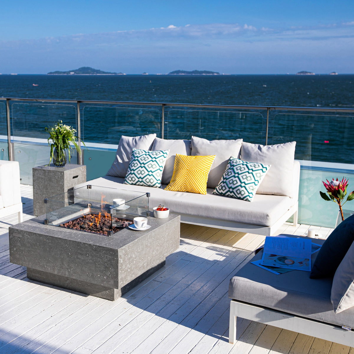 Elementi Manhattan Fire Table - Light Gray - Coastal Ocean Patio Outdoor Living Setup