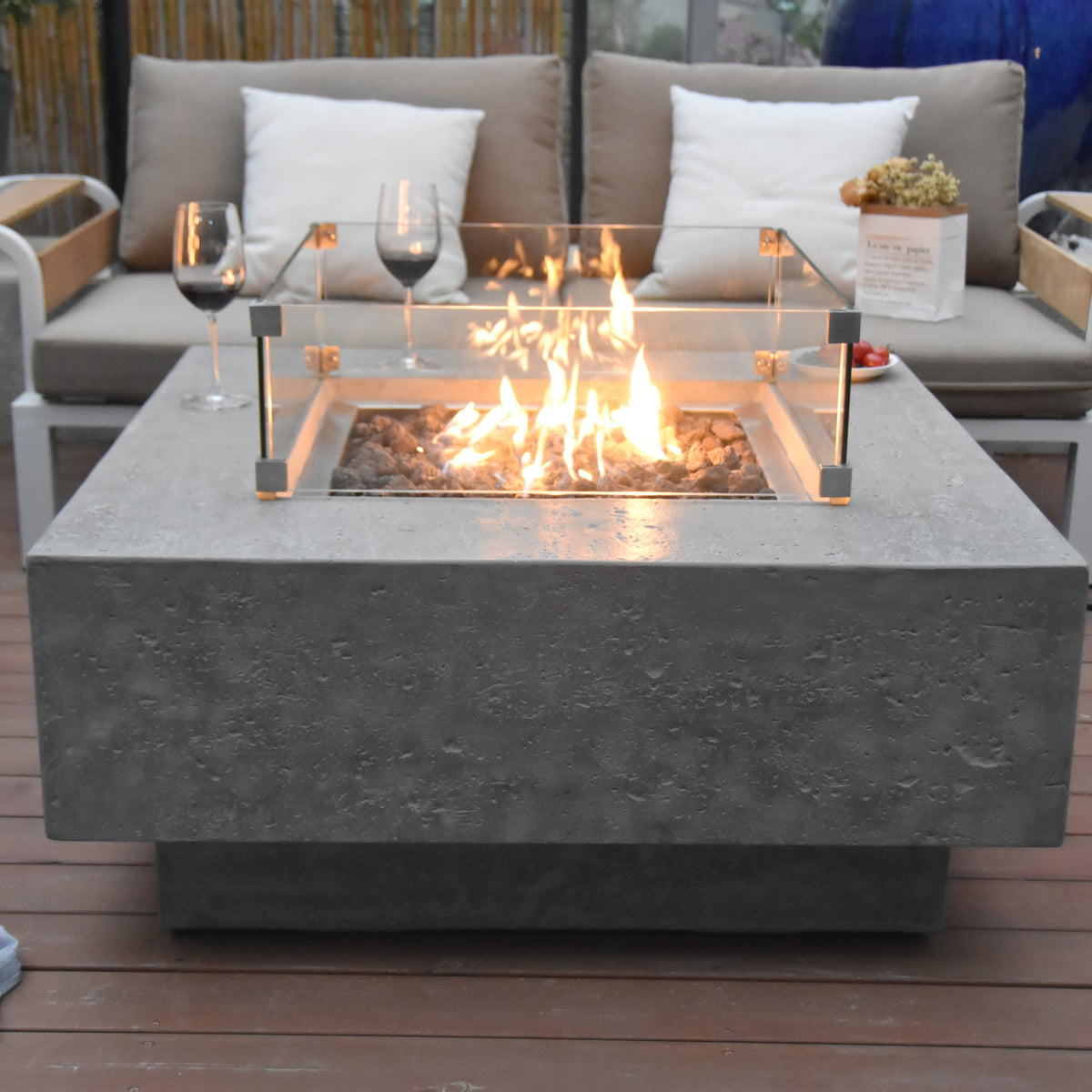Elementi Manhattan Square Fire Table - Light Gray - Glass Windscreen and Vibrant Flame