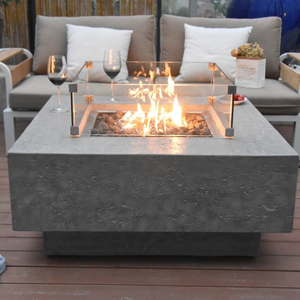 Elementi Manhattan Square Fire Table - Light Gray - Glass Windscreen and Vibrant Flame