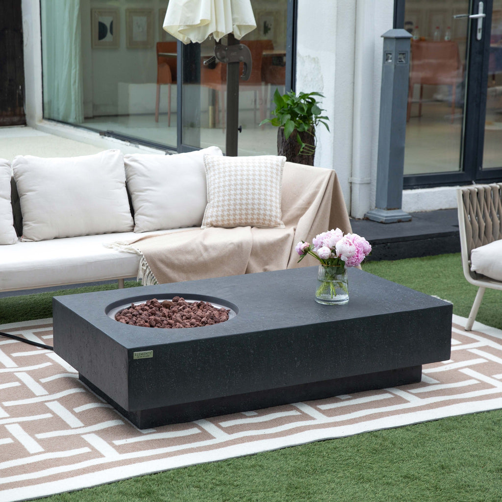 Elementi Metropolis Fire Table - Dark Gray - Garden Deck Lounge Setting with Vibrant Fire Ambience