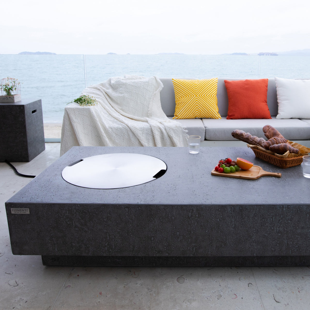 Elementi Metropolis Fire Table - Light Gray - Stainless Steel Lid Installed as Outdoor Dining Coffee Table