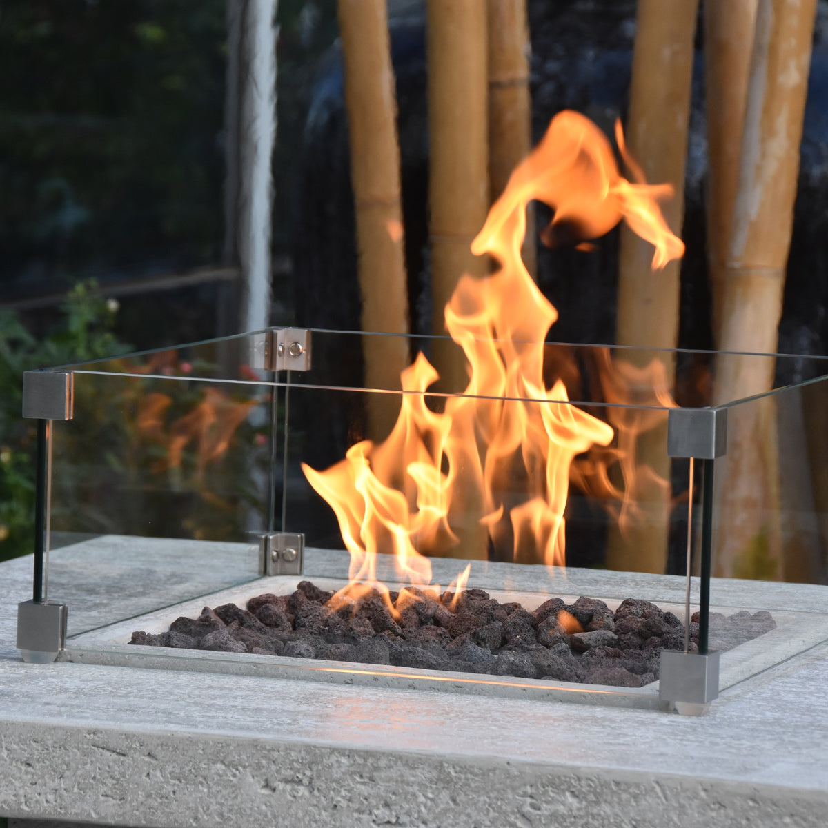 Elementi Montreal Bar Table - Close-Up of Roaring Flames inside Square Windscreen - Elementi Fires