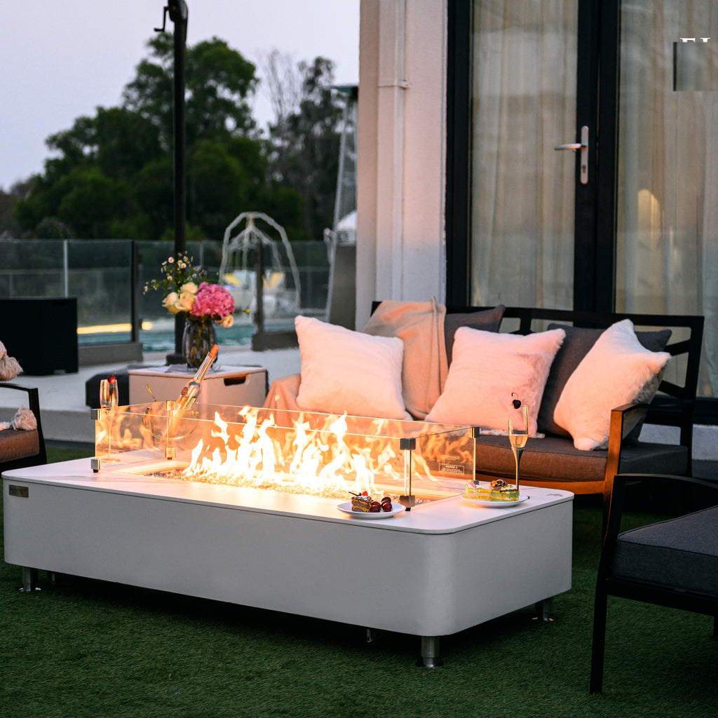 Elementi Plus Athens Fire Table - Twilight Garden Patio with Glass Windscreen and Ambient Flames