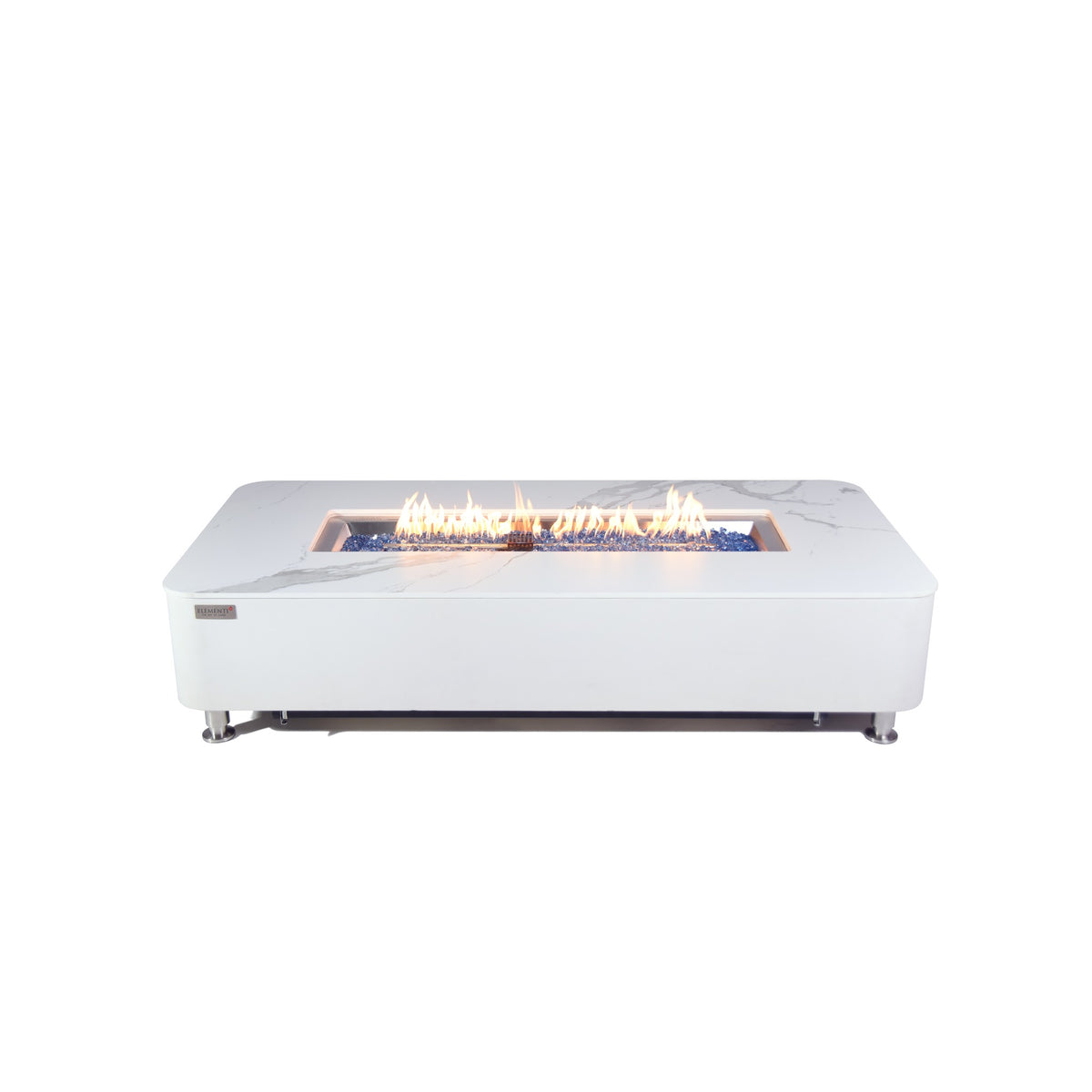 Elementi Plus Athens Fire Table - White Porcelain Marble Top with Linear Fire Glass Flames