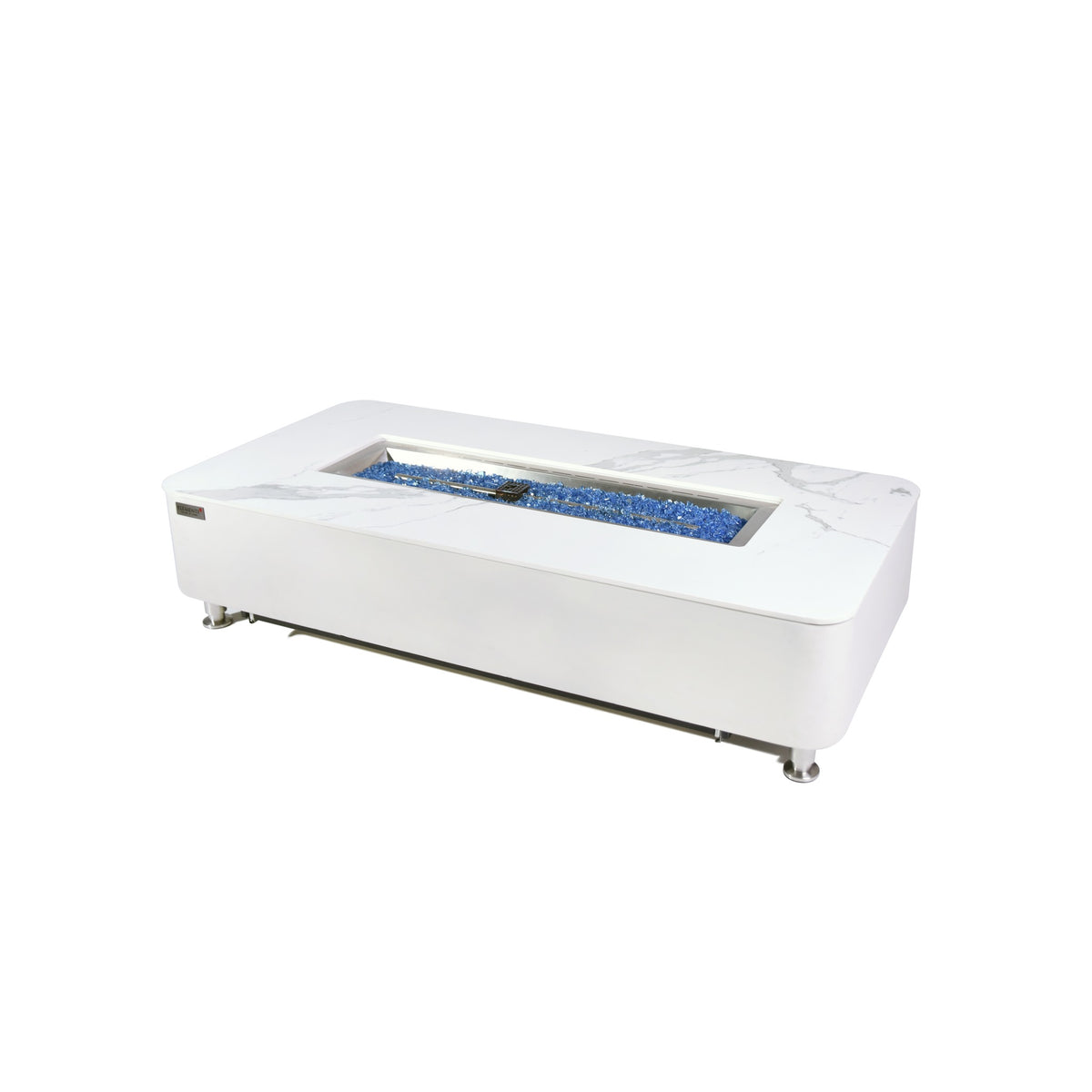 Elementi Plus Athens Fire Table - White Porcelain Marble Top with Blue Fire Glass - Hero Studio View