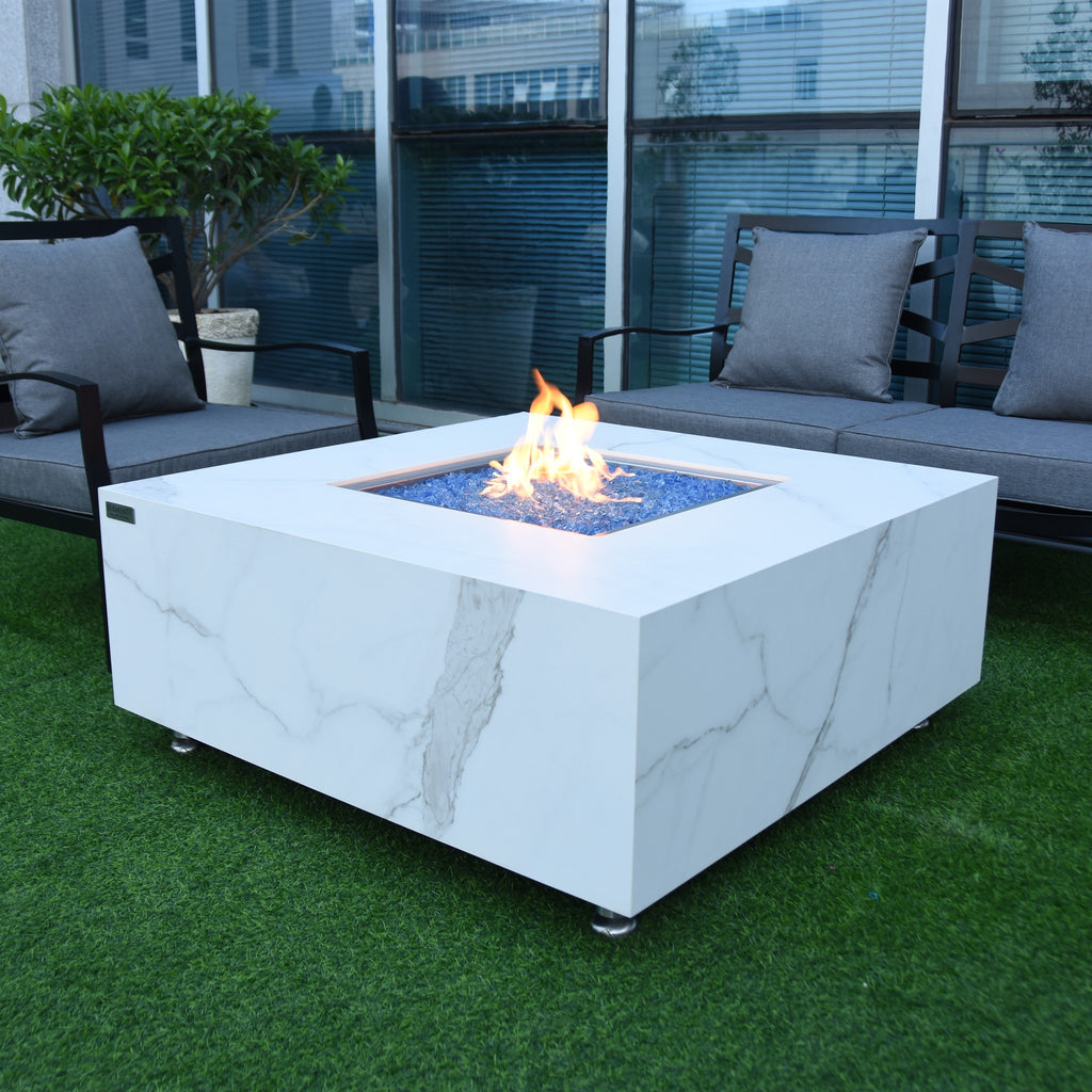 Elementi Plus Bianco Fire Table - High-Angle View of Modern Balcony Patio Conversation Area