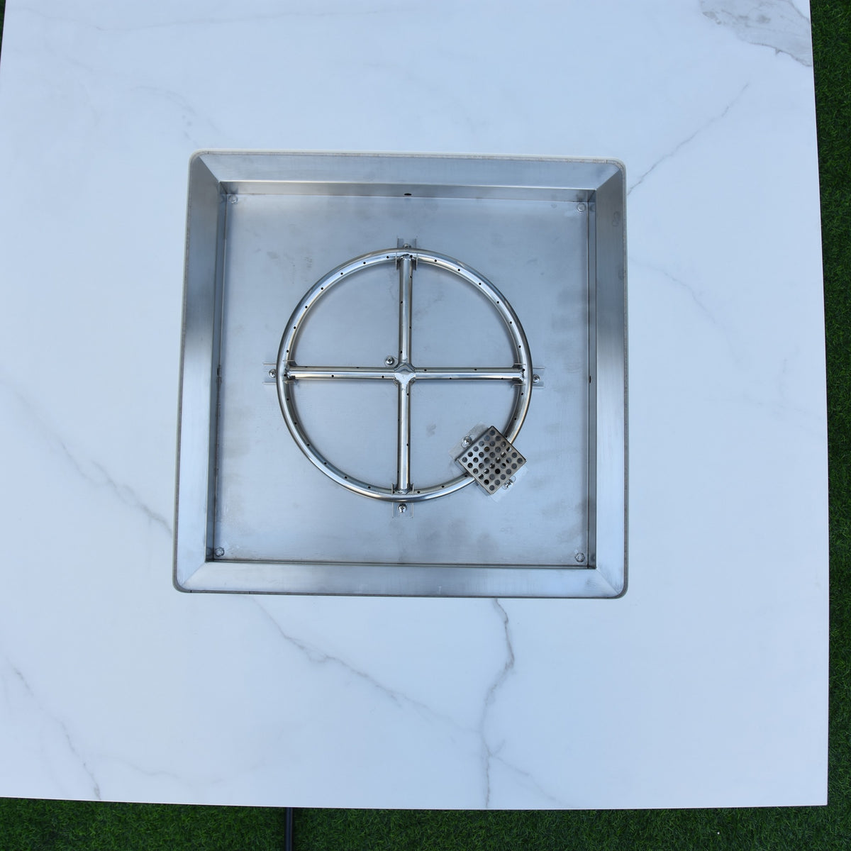 Elementi Plus Bianco Fire Table - 16-Gauge 304 Stainless Steel Circular Burner Ring & Pan Top-Down View