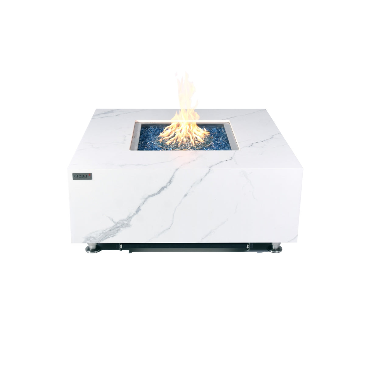 Elementi Plus Bianco Fire Table - White Marble Porcelain Top with Blue Fire Glass - Hero Studio View
