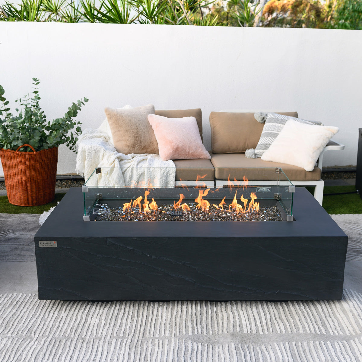 Elementi Plus Cape Town Fire Table - Outdoor Patio Conversation Lounge Setting with Active Linear Flame