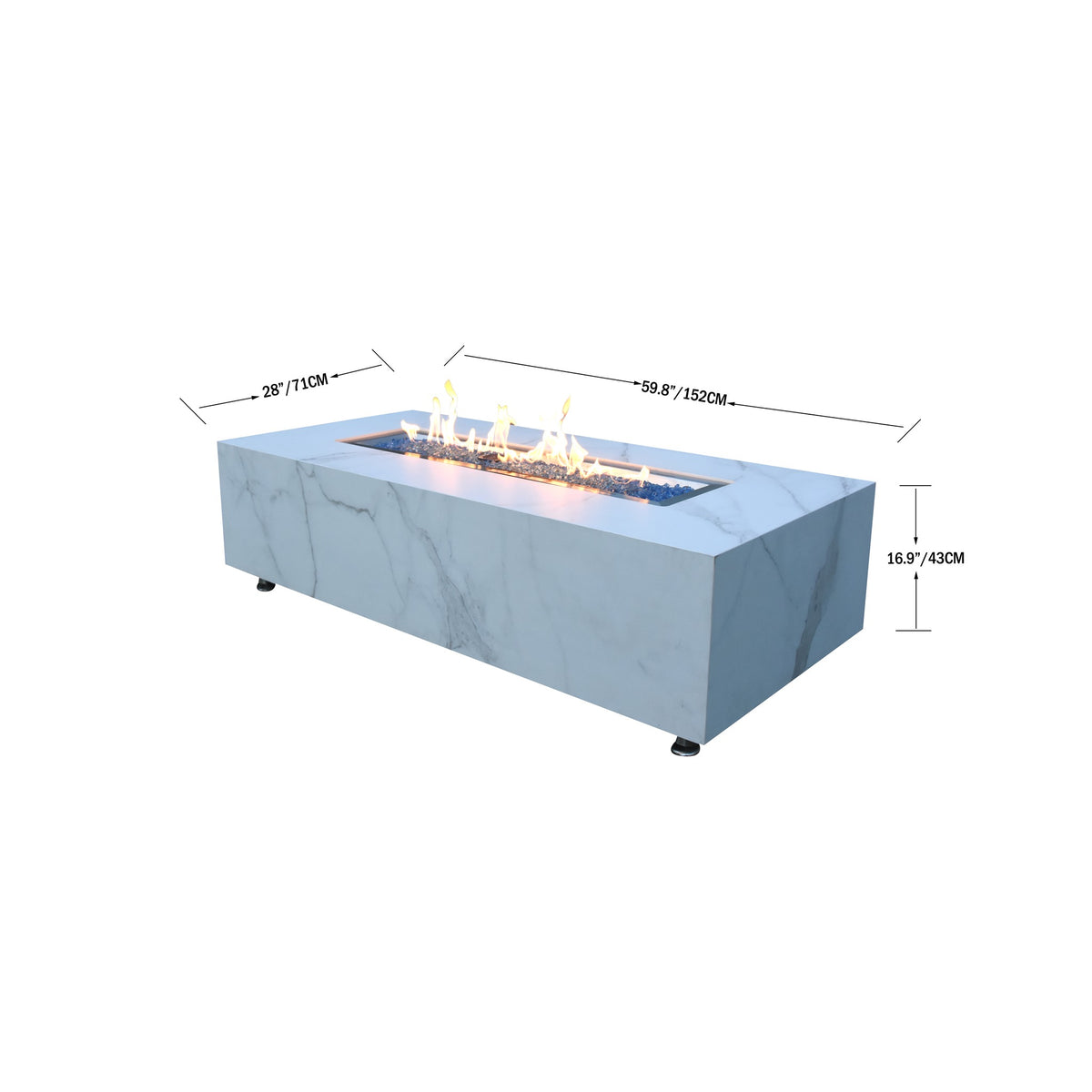 Elementi Plus Carrara Fire Table - Dimensions 60x28x17 Inch Specifications Diagram