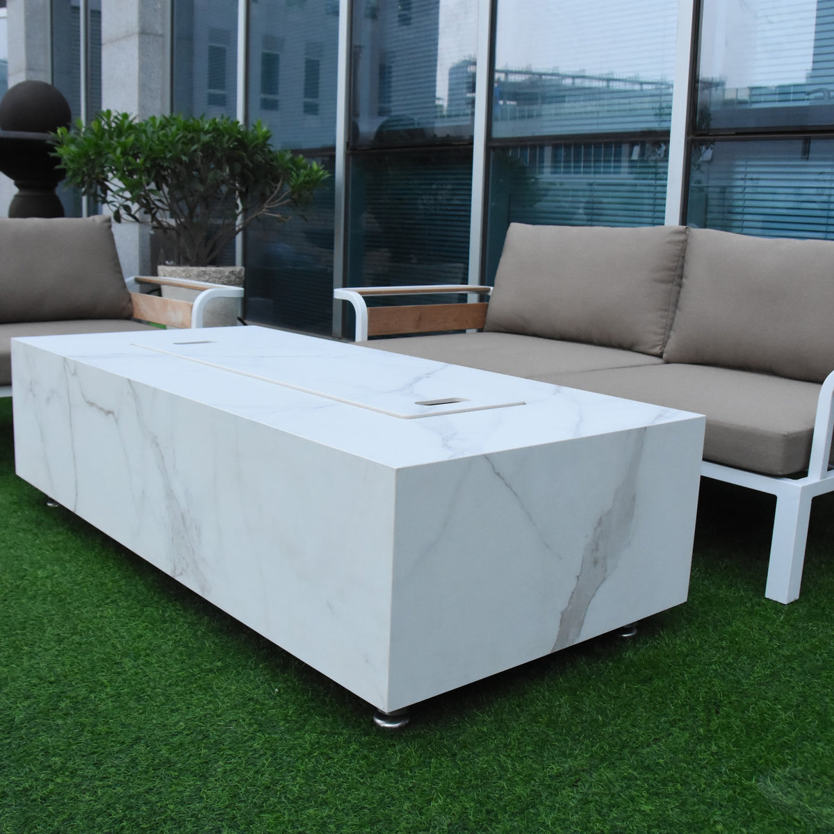 Elementi Plus Carrara Fire Table - Flush Porcelain Lid Installed as Outdoor Dining Coffee Table