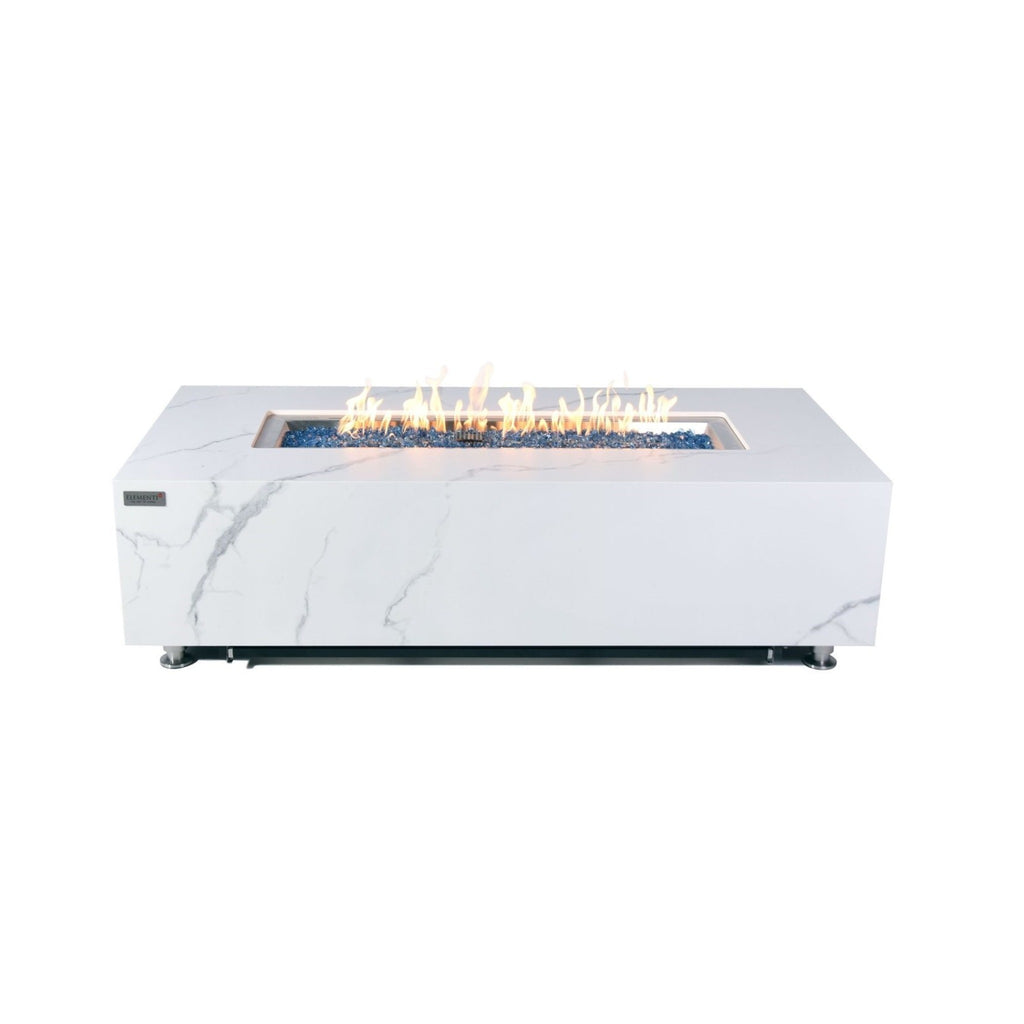 Elementi Plus Carrara Fire Table - White Porcelain Marble Front Studio View with Blue Fire Glass