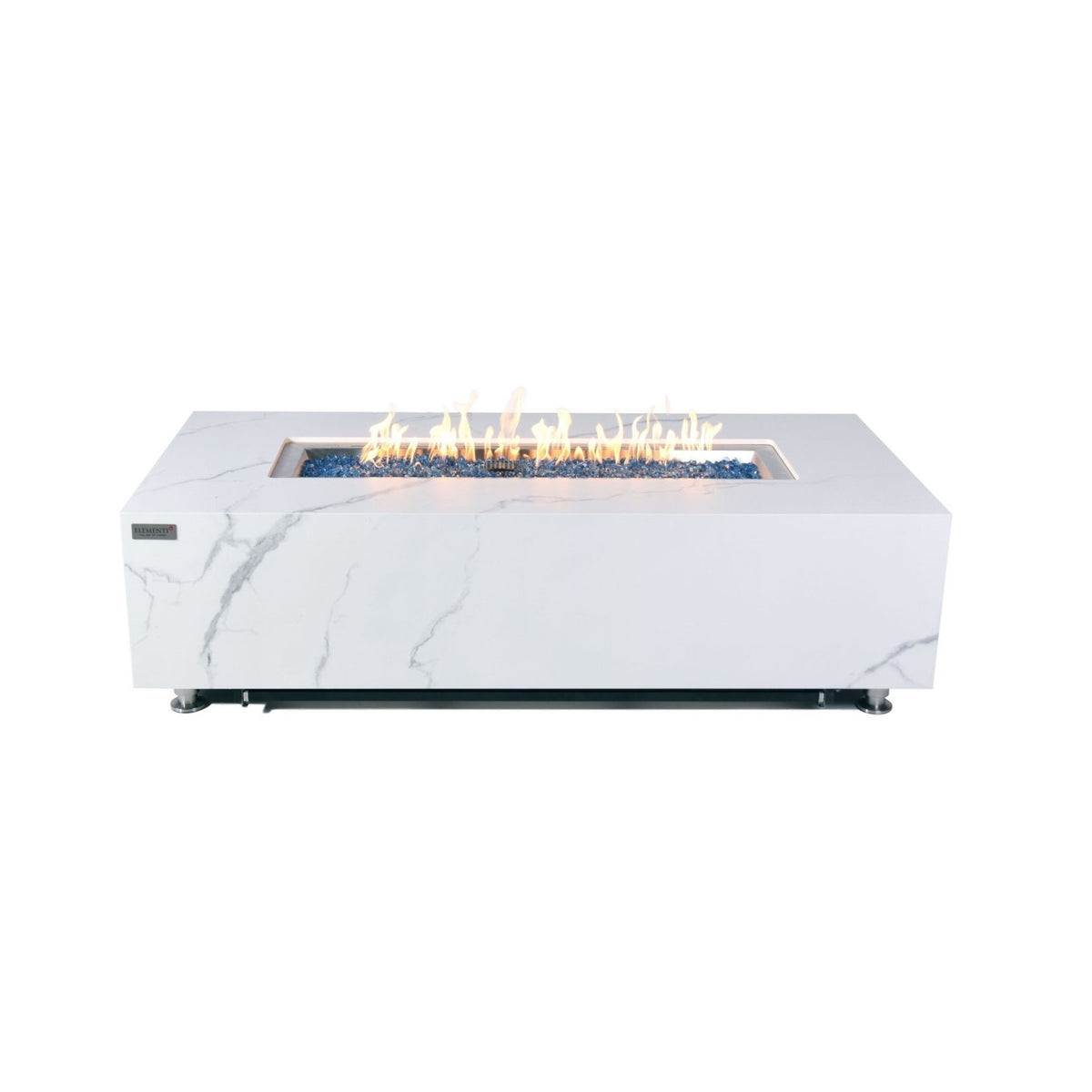 Elementi Plus Carrara Fire Table - White Porcelain Marble Front Studio View with Blue Fire Glass